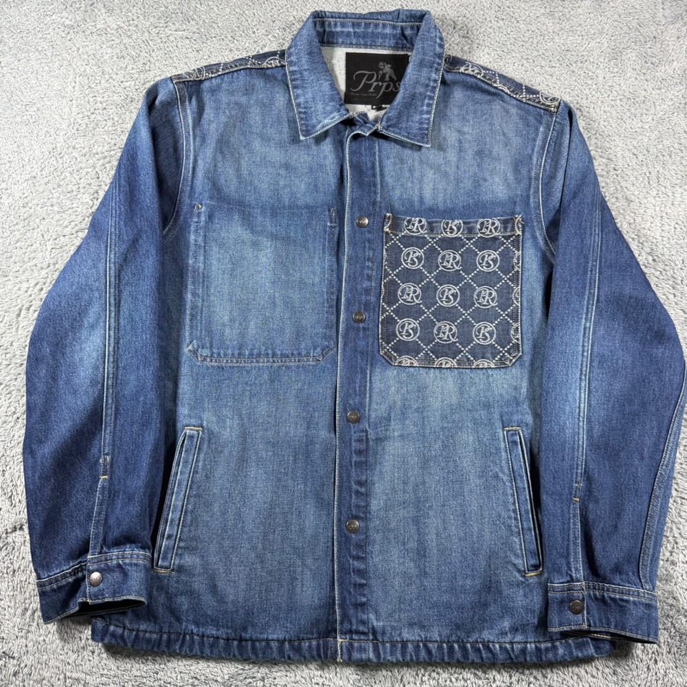Prps Denim Chore Jacket Mens XL Indigo Blue Monogram All Over Print Logo